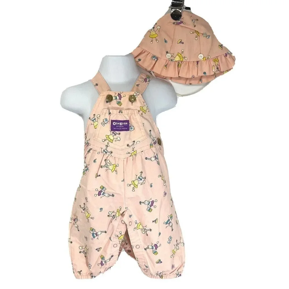 Rare Vintage OshKosh B’gosh Vestbak Overalls Girls 6 9 M‎ Matching Hat Ice cream